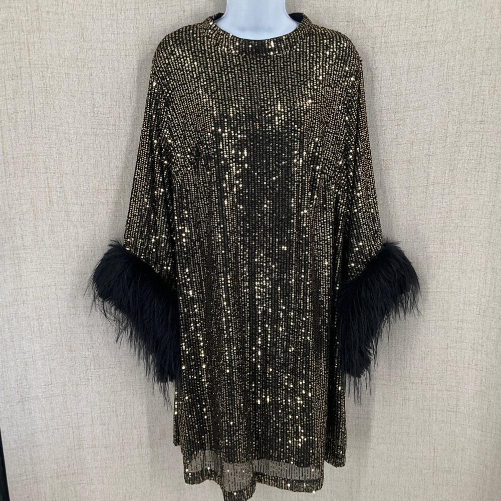 SHEIN Curve Sequin Dress Women 1XL Gold Faux Fur Cuff Party Glam Mini Sparkly